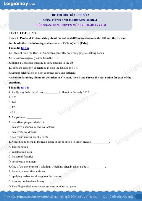 Đề thi học kì 1 Tiếng Anh 12 Friends Global - Đề số 2